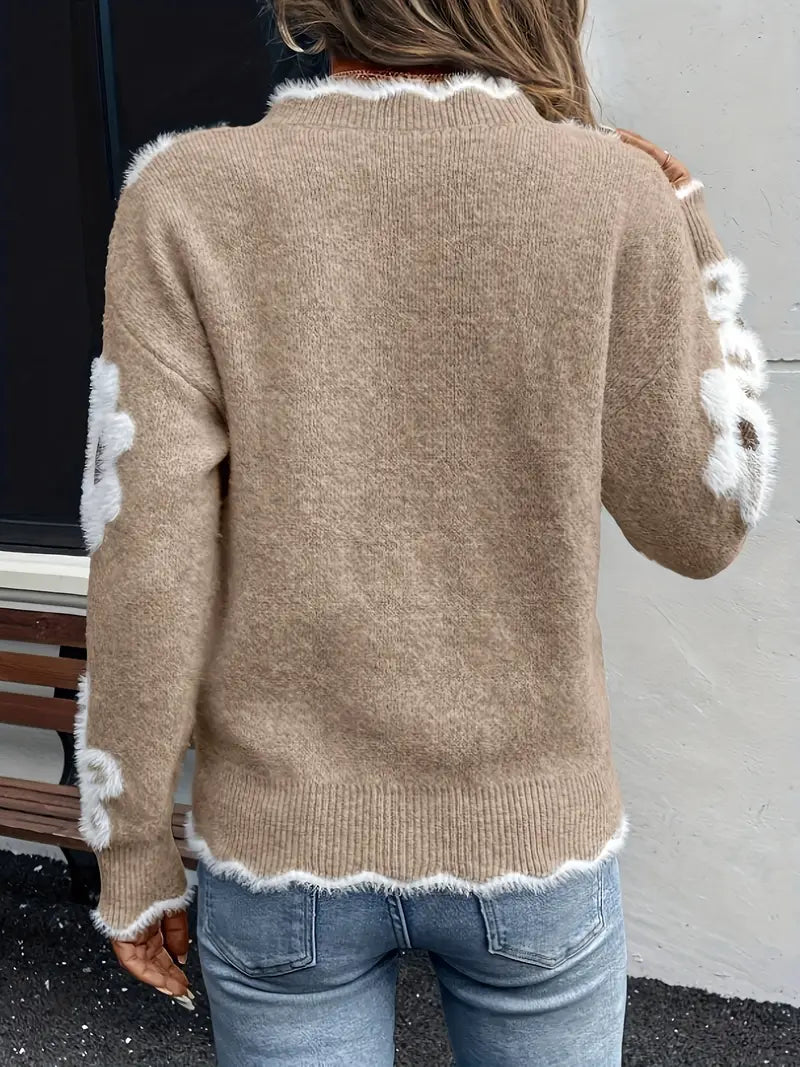 Suéter Vivance com decote em V design de margaridas brancas - Manga comprida estilo casual