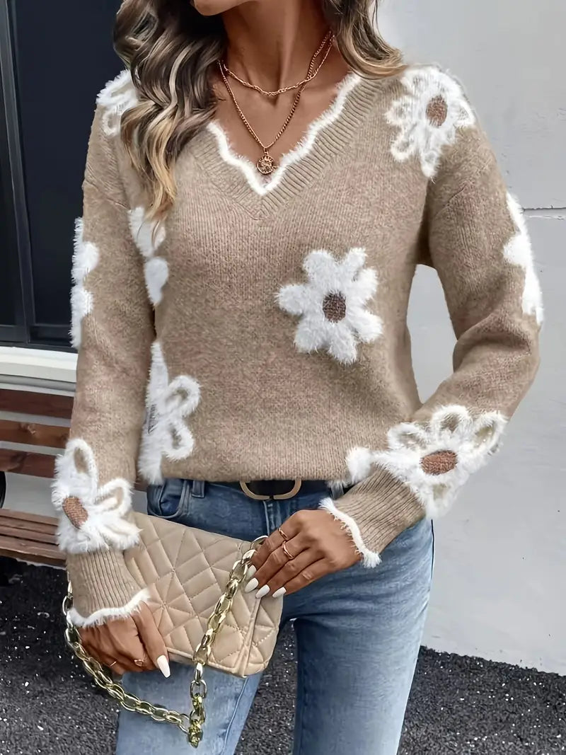 Suéter Vivance com decote em V design de margaridas brancas - Manga comprida estilo casual