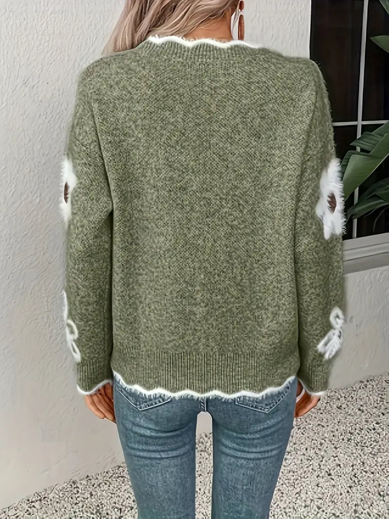 Suéter Vivance com decote em V design de margaridas brancas - Manga comprida estilo casual