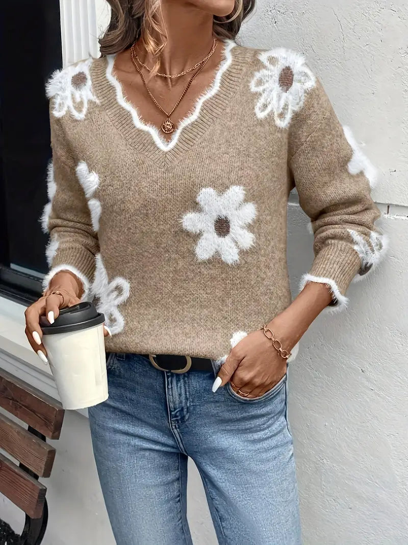 Suéter Vivance com decote em V design de margaridas brancas - Manga comprida estilo casual