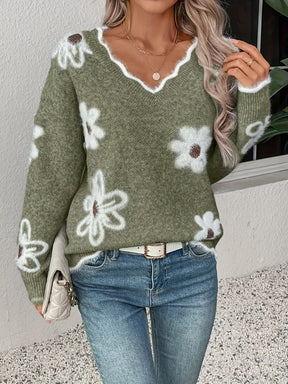 Suéter Vivance com decote em V design de margaridas brancas - Manga comprida estilo casual