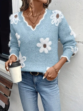 Suéter Vivance com decote em V design de margaridas brancas - Manga comprida estilo casual