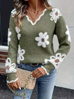 Suéter Vivance com decote em V design de margaridas brancas - Manga comprida estilo casual
