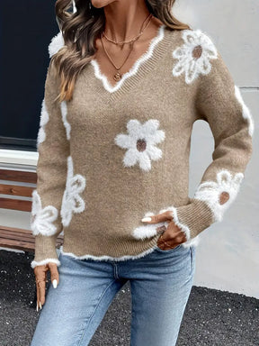 Suéter Vivance com decote em V design de margaridas brancas - Manga comprida estilo casual