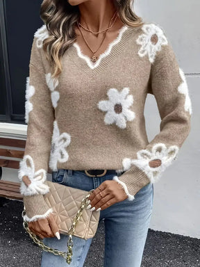 Suéter Vivance com decote em V design de margaridas brancas - Manga comprida estilo casual